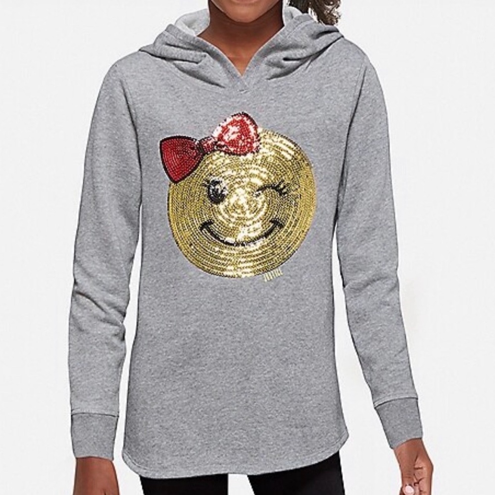 Justice Sequined Emoji Wink Face w Bow Long Sleeve Hooded Sweatshirt Rounded Hem